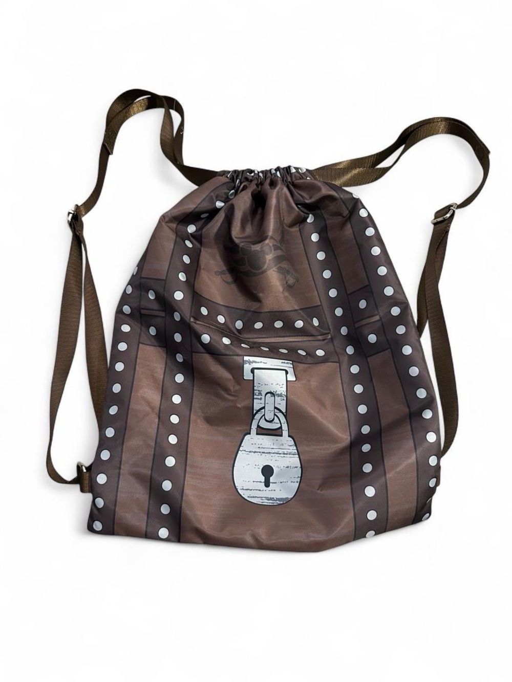 Brown Drawstring Backpack with Lock Graphic